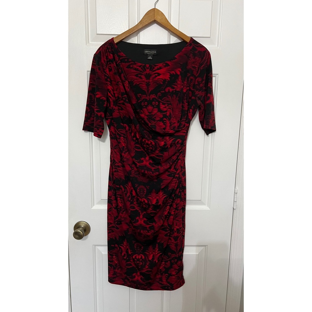 Connected Apparel Red Black Damask Sheath Dress Ruched Surplice Size 14